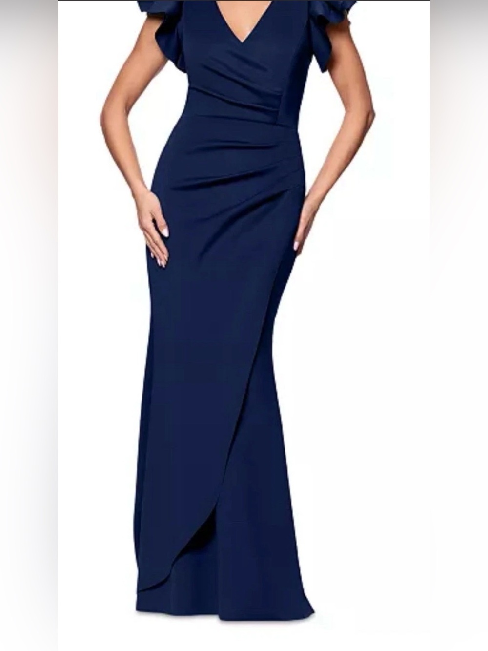 Xscape Ruffle Ruched Scuba Gown VNeck Formal Wedding Dress Midnight Blue Size 14